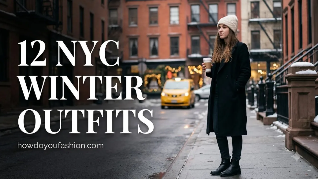 Woman in a long black coat and cream beanie on a New York City street with a yellow taxi, NYC winter outfits