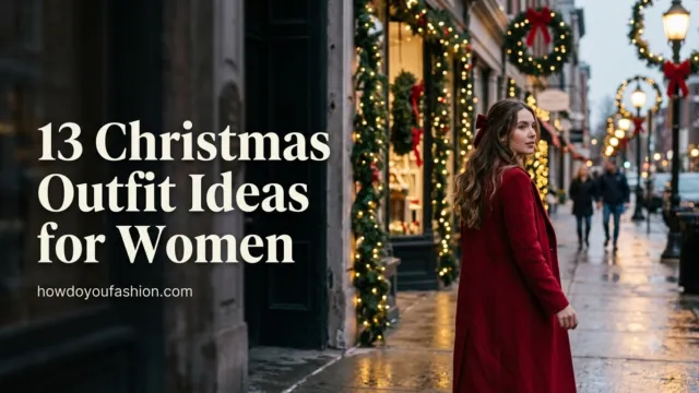 Woman in a long red coat walking on a festive Christmas street, 13 Christmas outfit ideas for women