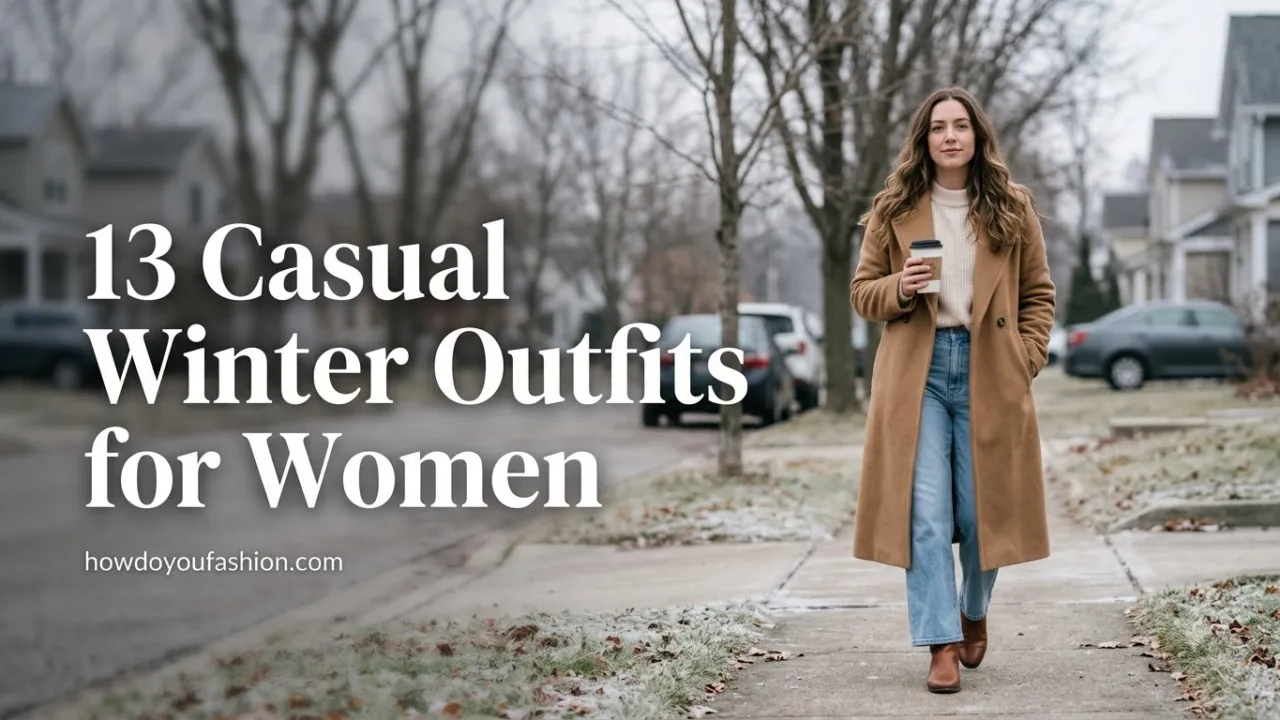 Woman in a long camel coat, cream sweater and wide-leg jeans walking on a winter sidewalk, casual winter outfits for women