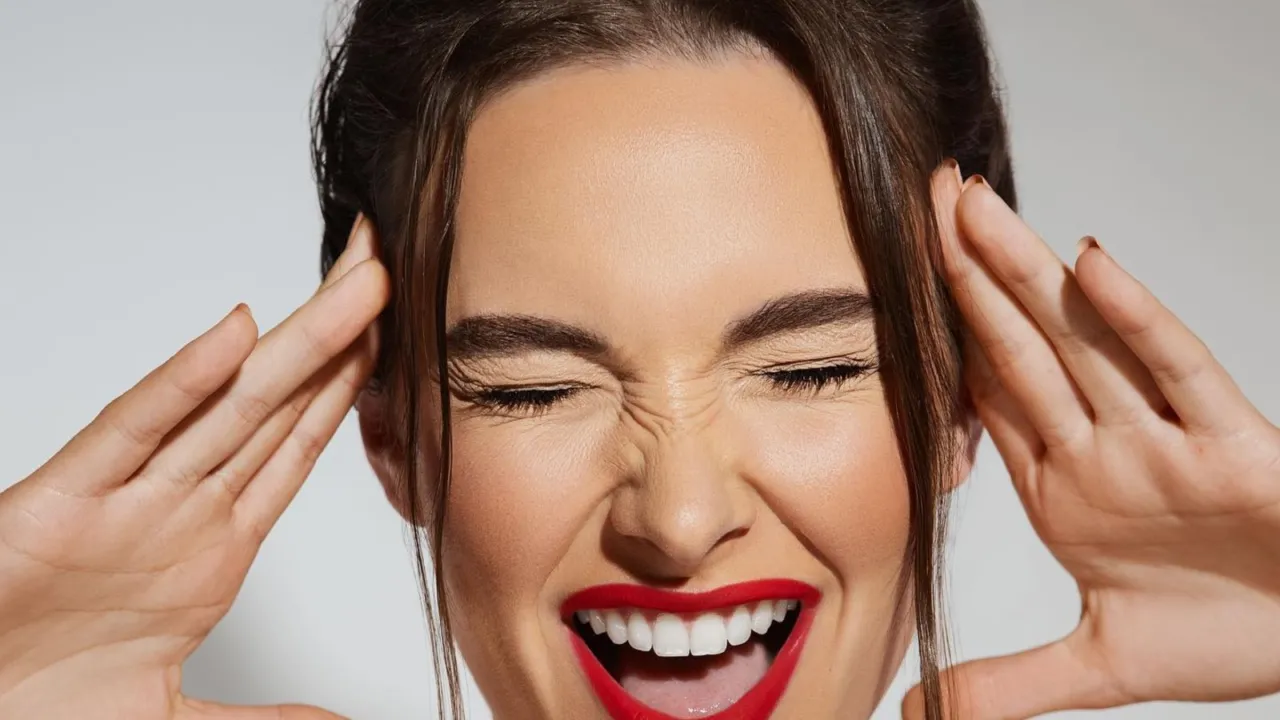 Woman laughing with eyes closed wearing a classic red lip holiday makeup look