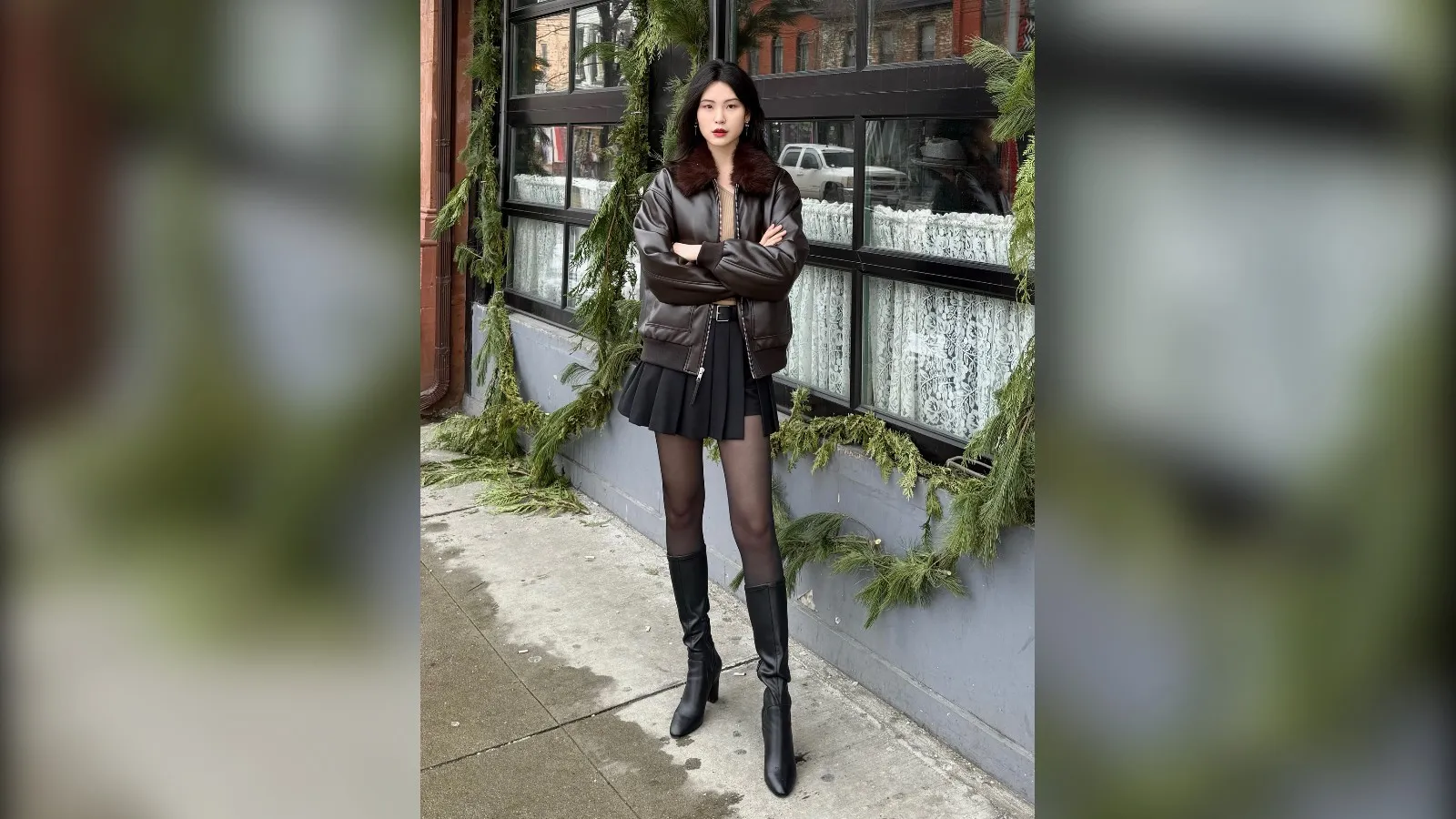 Woman in a brown leather jacket, black pleated mini and knee boots