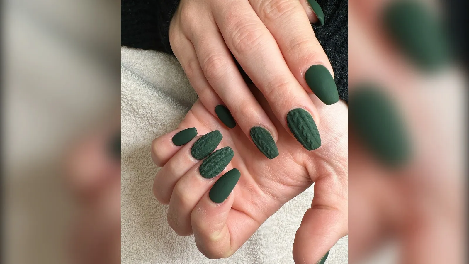 Matte forest green sweater nails with knit texture