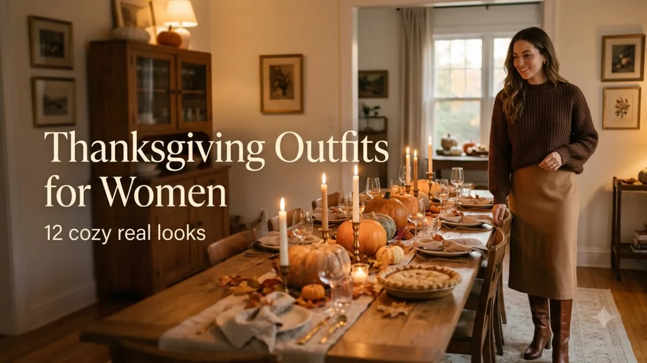 Woman in a brown sweater and camel midi skirt next to a Thanksgiving dinner table