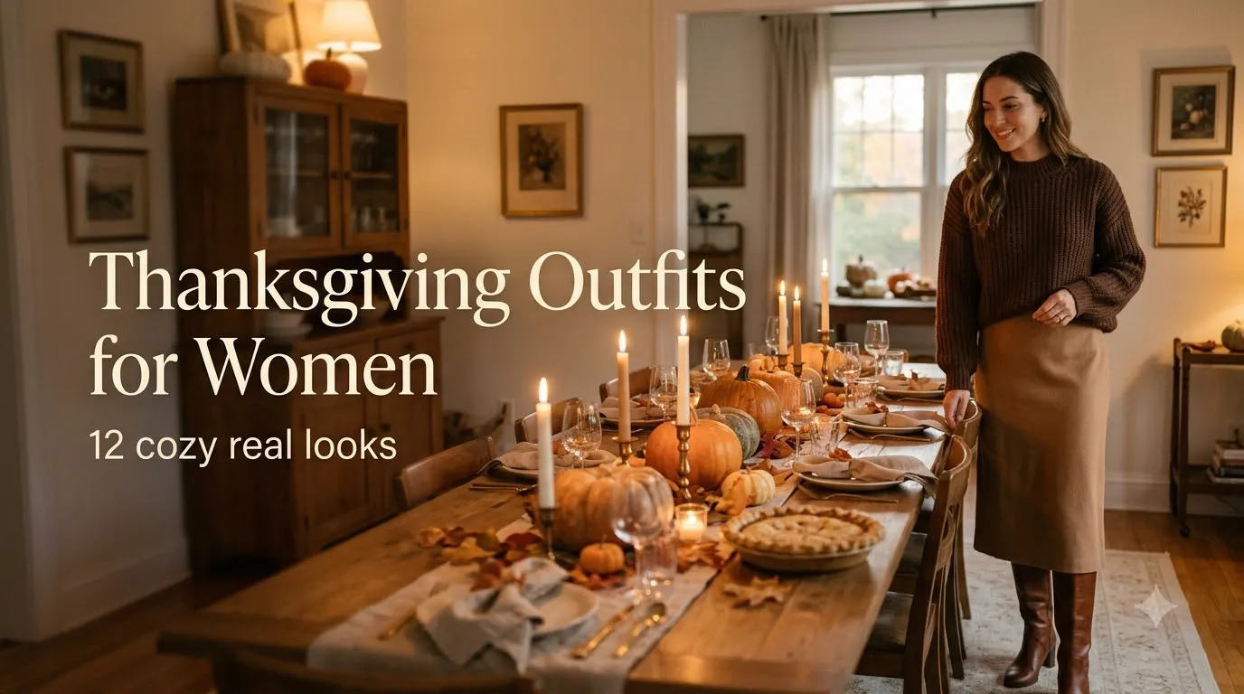 Woman in a brown sweater and camel midi skirt next to a Thanksgiving dinner table