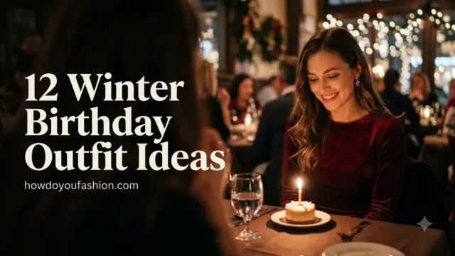 Woman in a burgundy velvet dress smiling at a candlelit birthday dinner with a small cake, winter birthday outfit ideas
