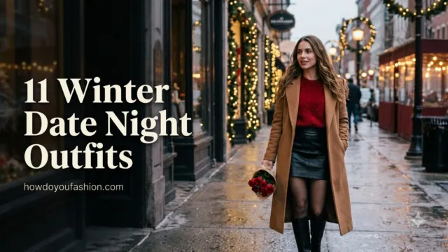 Woman in a camel coat, red sweater and leather mini skirt holding roses on a festive street, winter date night outfits